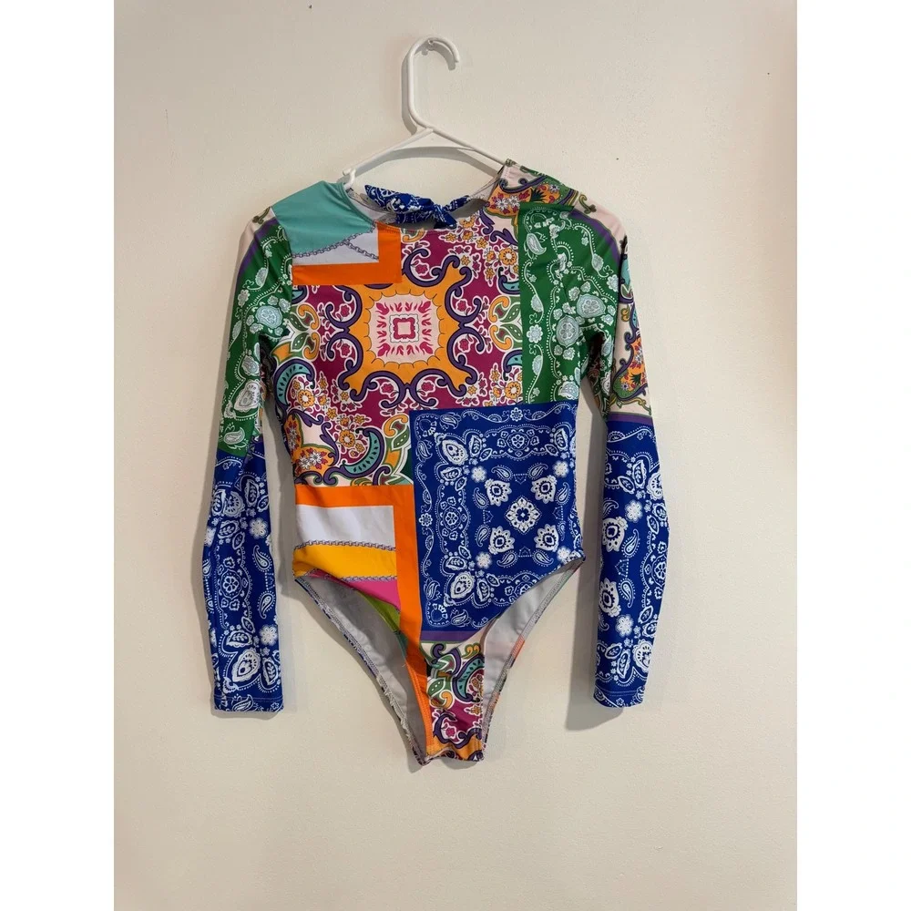 High neck Patchwork Paisley Long Sleeve‎ Swimsuit Womens S Cutout back swimwear